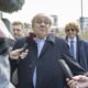 Former UEFA President, Michel Platini, centre, and his Lawyer Dominic Nellen, left, arriving to the verdict at the special appeals court, in Muttenz, Switzerland, Tuesday, March 25, 2025. (Urs Flueeler/Keystone via AP)