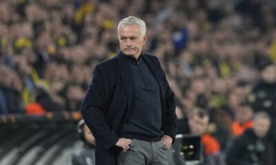 Fenerbahce's head coach Jose Mourinho looks on prior to the Europa League round of 16 first leg soccer match between Fenerbahce and Rangers at Sukru Saracoglu stadium in Istanbul, Turkey, Thursday, March 6, 2025. (AP Photo/Khalil Hamra)