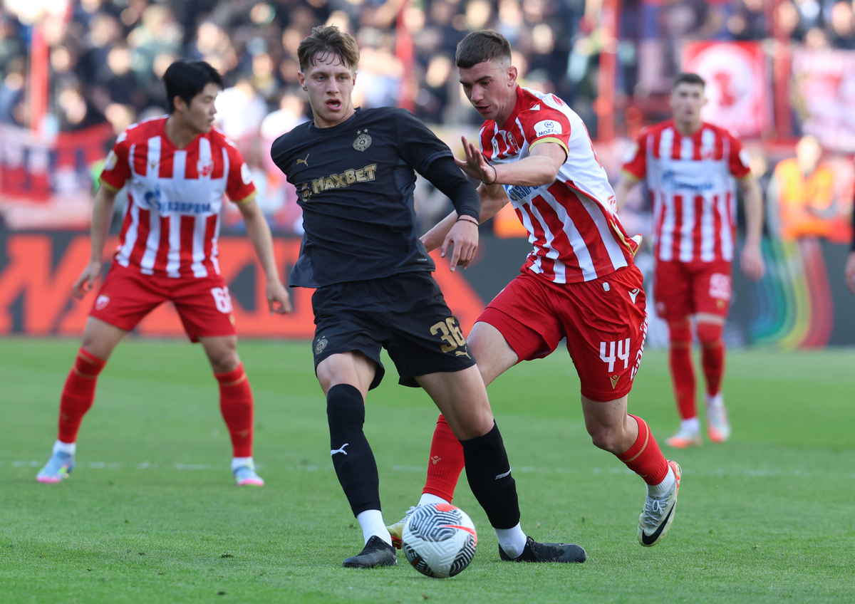 OGNJEN UGRESIC, fudbaler Partizana, na derbi utakmici protiv Crvene zvezde, na stadionu Rajko Mitic. Beograd, 12.04.2025. foto: MN Press / ms Fudbal, Crvena zvezda, Partizan