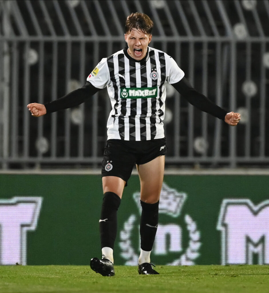 OGNJEN UGRESIC, fudbaler Partizana, na prvenstvenoj utakmici protiv Radnickog, na stadionu JNA. Beograd, 27.04.2025. foto: Nebojsa Parausic Fudbal, Partizan, Radnicki 1923