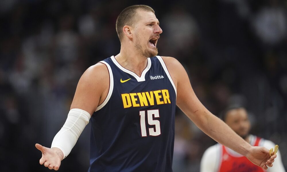 Denver Nuggets center Nikola Jokic argues for a call in the second half of Game 2 of a first-round NBA playoff series against the Los Angeles Clippers Monday, April 21, 2025, in Denver. (AP Photo/David Zalubowski)