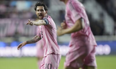 Inter Miami forward Lionel Messi (10) directs his team against the Los Angeles FC during the first half of a CONCACAF Nations League Quarterfinal Match at Chase Stadium, Wednesday, April 9, 2025 in Fort Lauderdale, Fla. (AP Photo/Jim Rassol)