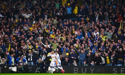 Leeds United's Wilfried Gnonto, second left, celebrates scoring their side's sixth goal of the game during the Championship soccer match between Leeds United and Stoke City at Elland Road, Leeds, England, Monday April 21, 2025. (Mike Egerton/PA via AP)