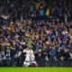 Leeds United's Wilfried Gnonto, second left, celebrates scoring their side's sixth goal of the game during the Championship soccer match between Leeds United and Stoke City at Elland Road, Leeds, England, Monday April 21, 2025. (Mike Egerton/PA via AP)