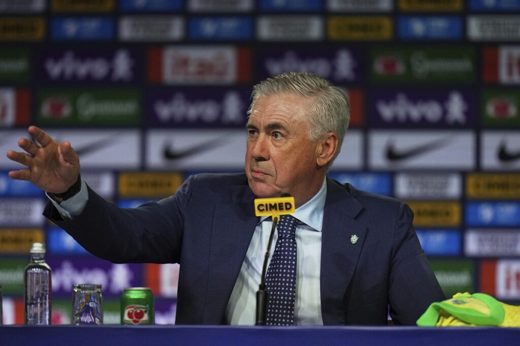 Brazil's new national soccer team head coach Carlo Ancelotti attends a news conference to announce the players who will compete in the World Cup qualifiers against Ecuador and Paraguay, in Rio de Janeiro, Monday, May 26, 2025. (AP Photo/Silvia Izquierdo)