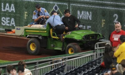 A fan is carted off the field at PNC Park after falling out of the stands during the seventh inning of a baseball game between the Pittsburgh Pirates and the Chicago Cubs in Pittsburgh, Wednesday, April 30, 2025. (AP Photo/Gene J. Puskar)