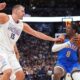 Oklahoma City Thunder forward Jalen Williams, right, looks to pass the ball as Denver Nuggets center Nikola Jokic defends in the second half of Game 6 in the Western Conference semifinals of the NBA basketball playoffs Thursday, May 15, 2025, in Denver. (AP Photo/David Zalubowski)