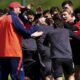 Manchester United manager Ruben Amorim with players during a training session at the Carrington Training Centre, Manchester, England, Wednesday May 7, 2025, one day ahead of their UEFA Europa League semifinal second leg soccer match against Athletic Club de Bilbao. (Martin Rickett/PA via AP)