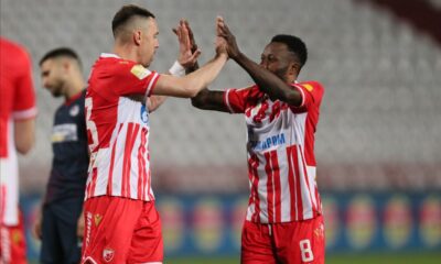 MILAN RODIC i GUELOR KANGA fudbaleri Crvene zvezde na utakmici Superlige Prvenstva Srbije protiv IMT na stadionu Rajka Mitica, Beograd, 03.04.2024. godine Foto: Marko Metlas Fudbal, Crvena zvezda, Superliga Prvenstvo Srbije, IMT