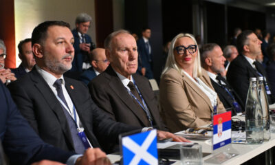 BRANKO RADUJKO sekretar FSS, DRAGAN DZAJIC predsednik FSS , SANDRA SREMCEVIC potpredsednik FSS na 49. UEFA Kongresu u Sava centru, Beograd 03.04.2025. godine Foto: Marko Metlas Fudbal, UEFA, 49. kongres