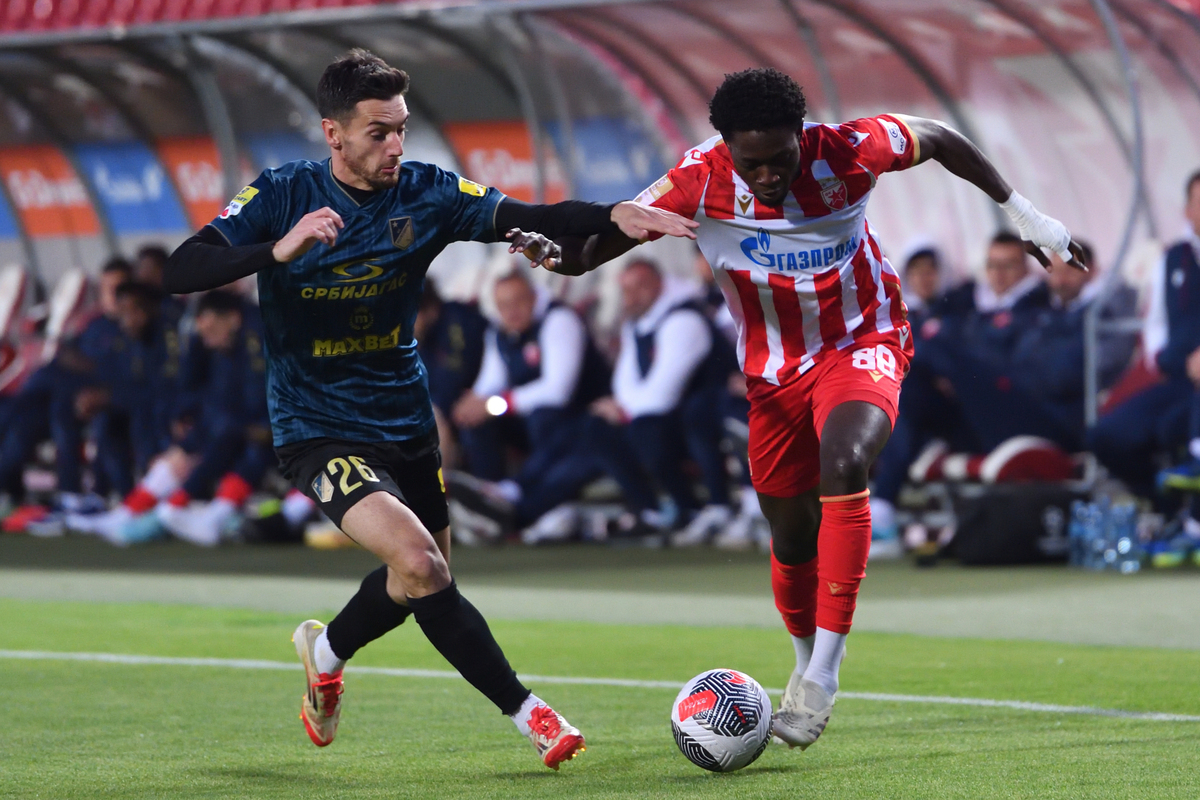 EBENEZER ANNAN Ebenezer Anan fudbaler Crvene zvezde na utakmici Superlige Prvenstva Srbije protiv VUKAN SAVICEVIC iz Vojvodine Novi Sad na stadionu Rajka Mitica, Beograd, 11.05.2025. godine Foto: Marko Metlas Fudbal, Crvena zvezda, Superliga Prvenstvo Srbije, Vojvodina Novi Sad