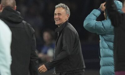 PSG's head coach Luis Enrique celebrates after the Champions League semifinal, second leg soccer match between Paris Saint-Germain and Arsenal at the Parc des Princes in Paris, Wednesday, May 7, 2025. (AP Photo/Thibault Camus)
