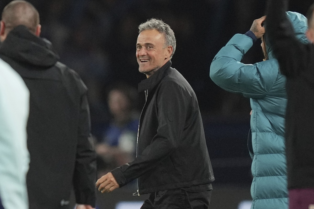 PSG's head coach Luis Enrique celebrates after the Champions League semifinal, second leg soccer match between Paris Saint-Germain and Arsenal at the Parc des Princes in Paris, Wednesday, May 7, 2025. (AP Photo/Thibault Camus)