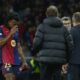 Barcelona's Jules Kounde walks off the pitch as he is being substituted due to injury during the Champions League semifinal first leg soccer match between Barcelona and Inter Milan at the Lluis Companys Olympic Stadium in Barcelona, Spain, Wednesday, April 30, 2025. (AP Photo/Joan Monfort)