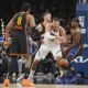 Denver Nuggets center Nikola Jokic, center, loses control of the ball as Oklahoma City Thunder's Jalen Williams (8), Isaiah Hartenstein, center rear, and Luguentz Dort, right, defend in the second half of Game 2 in the conference semifinals of the NBA basketball playoffs, Wednesday, May 7, 2025, in Oklahoma City. (AP Photo/Kyle Phillips)