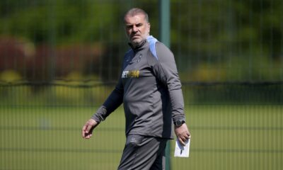 Tottenham Hotspur manager Ange Postecoglou looks on during a training session at Tottenham Hotspur Training Centre, London, Monday May 12, 2025. (Ben Whitley/PA via AP)
