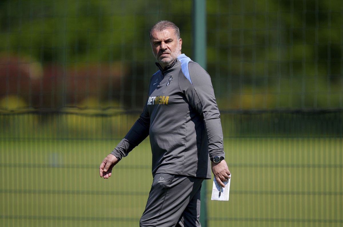 Tottenham Hotspur manager Ange Postecoglou looks on during a training session at Tottenham Hotspur Training Centre, London, Monday May 12, 2025. (Ben Whitley/PA via AP)