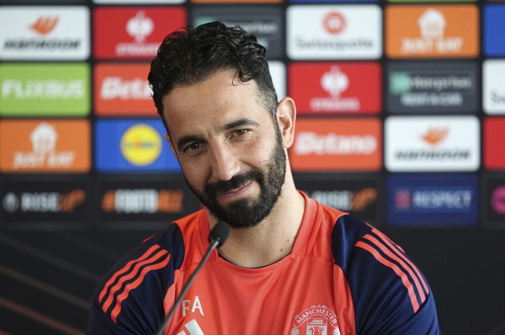 Manchester United manager Ruben Amorim speaks during a press conference at the Carrington Training Centre in Manchester, England, Wednesday May 7, 2025, one day ahead of their UEFA Europa League semifinal second leg soccer match against Athletic Club de Bilbao. (Martin Rickett/PA via AP)