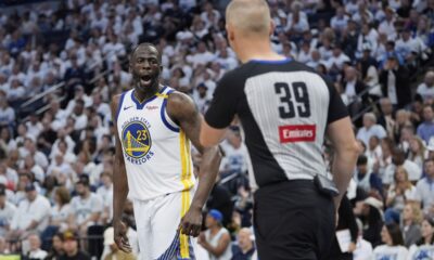 Golden State Warriors forward Draymond Green (23) reacts toward referee Tyler Ford during the second half of Game 2 of an NBA basketball second-round playoff series against the Minnesota Timberwolves, Thursday, May 8, 2025, in Minneapolis. (AP Photo/Abbie Parr)