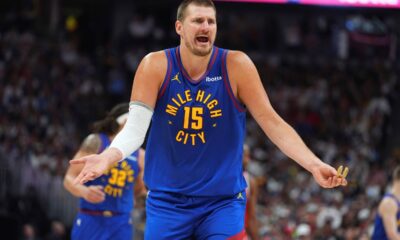 Denver Nuggets center Nikola Jokic argues after being called for a foul in the second half of Game 7 of an NBA basketball first-round playoff series against the Los Angeles Clippers, Saturday, May 3, 2025, in Denver. (AP Photo/David Zalubowski)