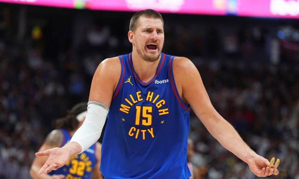 Denver Nuggets center Nikola Jokic argues after being called for a foul in the second half of Game 7 of an NBA basketball first-round playoff series against the Los Angeles Clippers, Saturday, May 3, 2025, in Denver. (AP Photo/David Zalubowski)