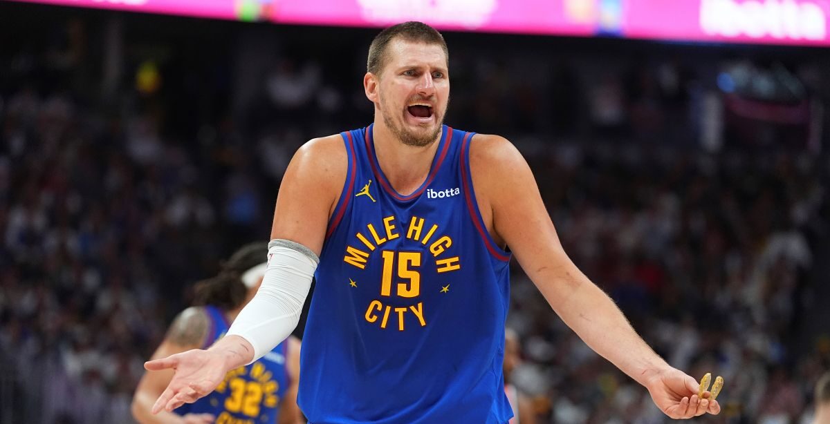 Denver Nuggets center Nikola Jokic argues after being called for a foul in the second half of Game 7 of an NBA basketball first-round playoff series against the Los Angeles Clippers, Saturday, May 3, 2025, in Denver. (AP Photo/David Zalubowski)