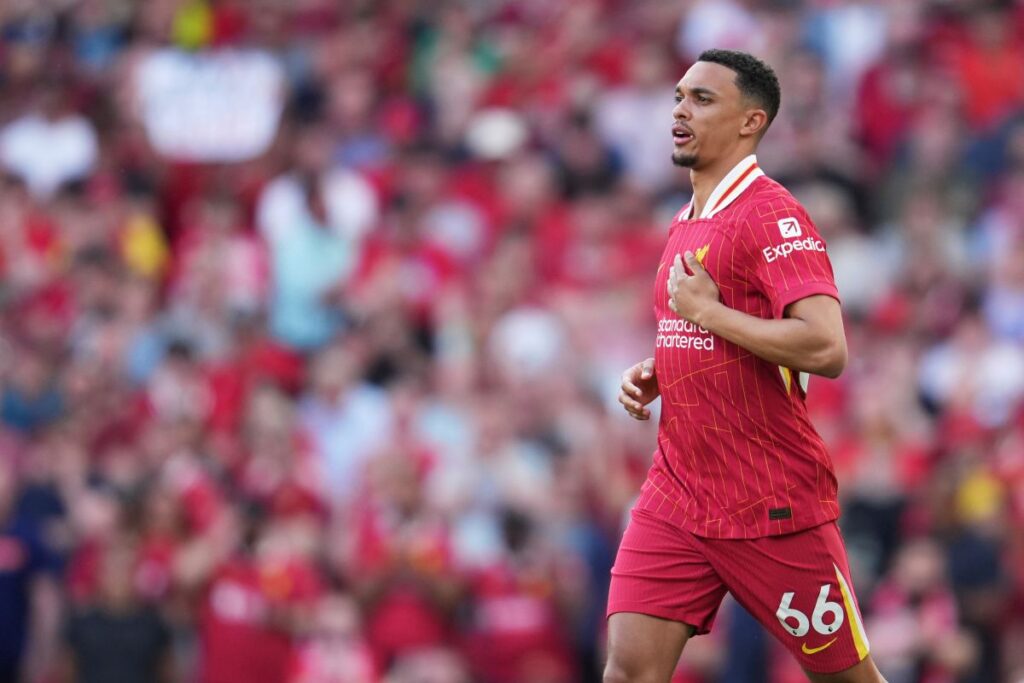 Liverpool's Trent Alexander-Arnold runs during the English Premier League soccer match between Liverpool and Arsenal, at Anfield stadium in Liverpool, England, Sunday, May 11, 2025. (AP Photo/Jon Super)