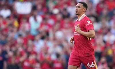 Liverpool's Trent Alexander-Arnold runs during the English Premier League soccer match between Liverpool and Arsenal, at Anfield stadium in Liverpool, England, Sunday, May 11, 2025. (AP Photo/Jon Super)