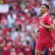 Liverpool's Trent Alexander-Arnold runs during the English Premier League soccer match between Liverpool and Arsenal, at Anfield stadium in Liverpool, England, Sunday, May 11, 2025. (AP Photo/Jon Super)