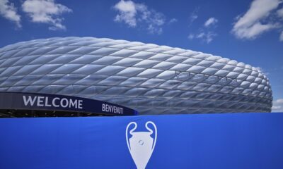 Clouds cast shadows on the outside of the stadium before a training session ahead of the Champions League final soccer match between Paris Saint-Germain and Inter Milan at the Allianz Arena in Munich, Germany, Friday, May 30, 2025. (AP Photo/Matthias Schrader)