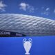 Clouds cast shadows on the outside of the stadium before a training session ahead of the Champions League final soccer match between Paris Saint-Germain and Inter Milan at the Allianz Arena in Munich, Germany, Friday, May 30, 2025. (AP Photo/Matthias Schrader)