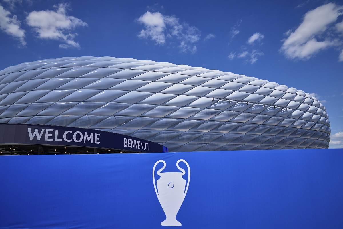 Clouds cast shadows on the outside of the stadium before a training session ahead of the Champions League final soccer match between Paris Saint-Germain and Inter Milan at the Allianz Arena in Munich, Germany, Friday, May 30, 2025. (AP Photo/Matthias Schrader)