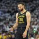 Golden State Warriors guard Stephen Curry (30) gestures during the first half of Game 1 of an NBA basketball second-round playoff series against the Minnesota Timberwolves, Tuesday, May 6, 2025, in Minneapolis. (AP Photo/Abbie Parr)