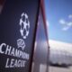 The Champions League logo is placed outside the stadium before a training session ahead of the Champions League final soccer match between Paris Saint-Germain and Inter Milan at the Allianz Arena in Munich, Germany, Friday, May 30, 2025. (AP Photo/Matthias Schrader)