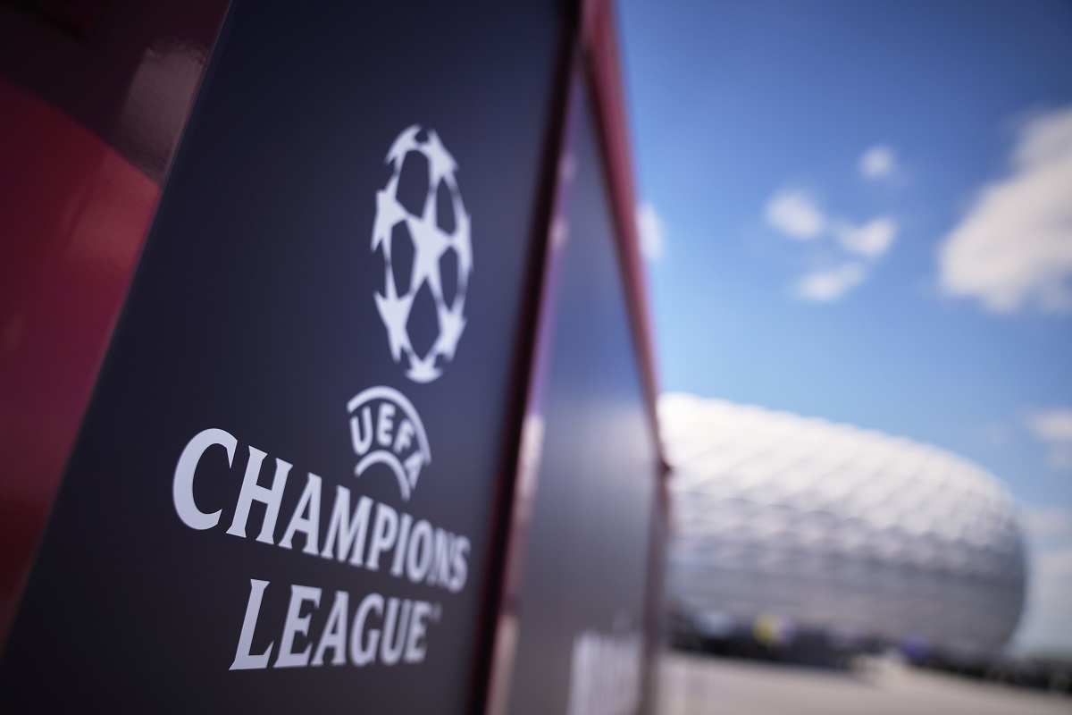 The Champions League logo is placed outside the stadium before a training session ahead of the Champions League final soccer match between Paris Saint-Germain and Inter Milan at the Allianz Arena in Munich, Germany, Friday, May 30, 2025. (AP Photo/Matthias Schrader)