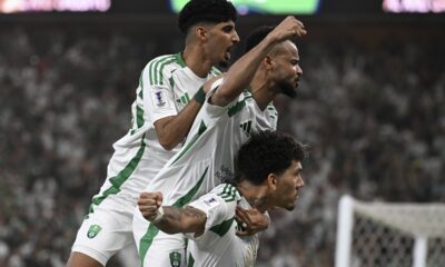Al Ahli players celebrate after their teammate Franck Kessie scored his side's second goal during to the AFC Champions League Elite final soccer match between Kawasaki Flontale and Al Ahli at Alinma Stadium in Jeddah, Saudi Arabia, Saturday, May 3, 2025. (AP Photo/Ali Issa)