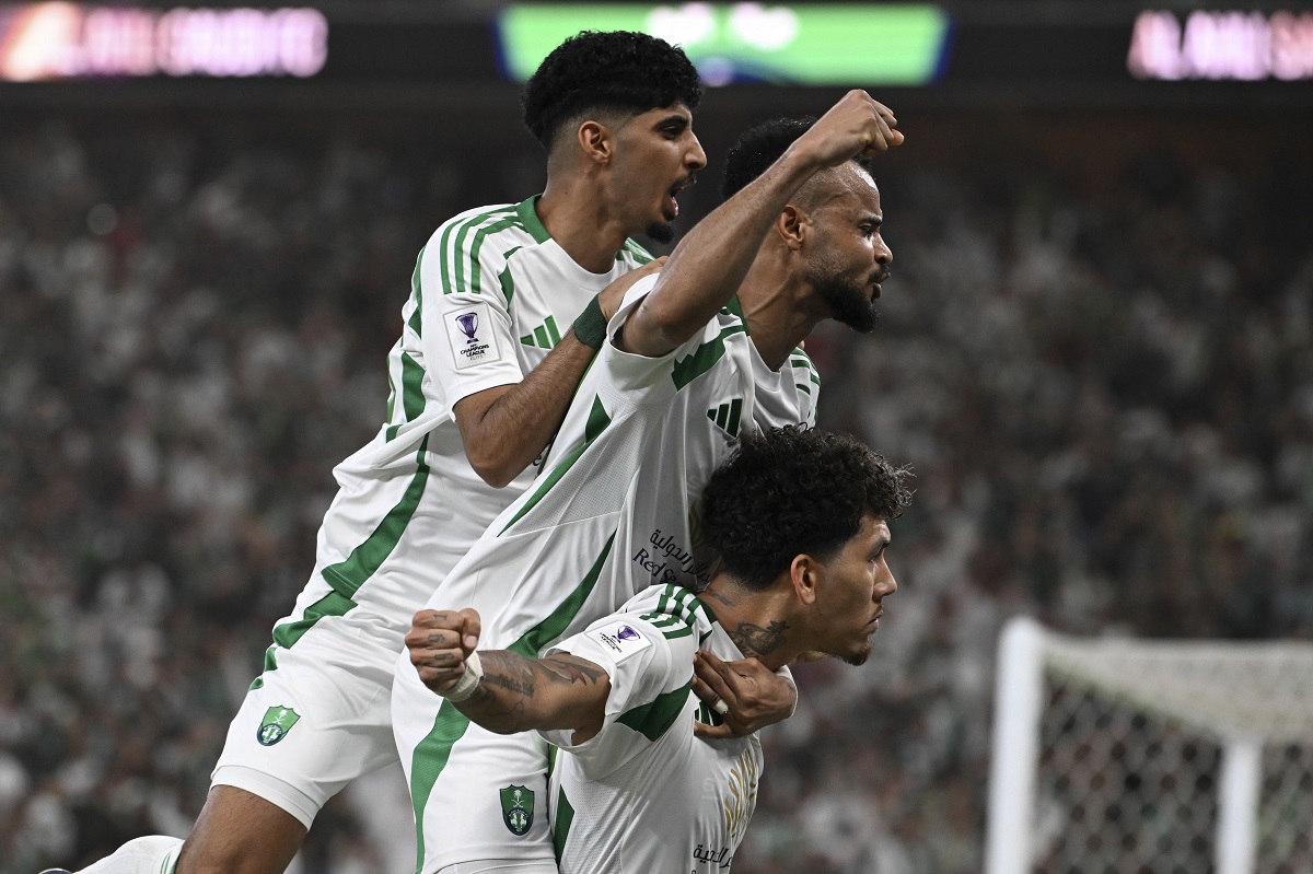 Al Ahli players celebrate after their teammate Franck Kessie scored his side's second goal during to the AFC Champions League Elite final soccer match between Kawasaki Flontale and Al Ahli at Alinma Stadium in Jeddah, Saudi Arabia, Saturday, May 3, 2025. (AP Photo/Ali Issa)