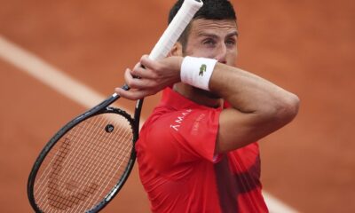 Serbia's Novak Djokovic reacts as he plays France's Corentin Moutet during their second round match of the French Tennis Open, at the Roland-Garros stadium, in Paris, Thursday, May 29, 2025. (AP Photo/Lindsey Wasson)