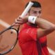 Serbia's Novak Djokovic reacts as he plays France's Corentin Moutet during their second round match of the French Tennis Open, at the Roland-Garros stadium, in Paris, Thursday, May 29, 2025. (AP Photo/Lindsey Wasson)