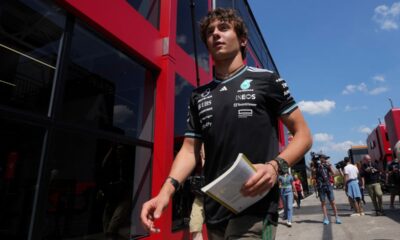 Mercedes driver Andrea Kimi Antonelli of Italy arrives for the first free practice at the Enzo and Dino Ferrari racetrack, ahead the Italy's Emilia Romagna Formula One Grand Prix, in Imola, Italy, Friday, May 16, 2025. (AP Photo/Antonio Calanni)