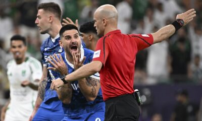 Al Hilal's Aleksandar Mitrovic reacts to the referee during a AFC Champions League Elite semifinal soccer match against Al Hilal at Alinma Stadium in Jeddah, Saudi Arabia, Tuesday, April, 29, 2025. (AP Photo/Ali Issa)