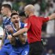 Al Hilal's Aleksandar Mitrovic reacts to the referee during a AFC Champions League Elite semifinal soccer match against Al Hilal at Alinma Stadium in Jeddah, Saudi Arabia, Tuesday, April, 29, 2025. (AP Photo/Ali Issa)