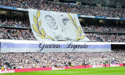 Real Madrid's fans display a banner prior to a Spanish La Liga soccer match against Real Sociedad at Santiago Bernabeu stadium in Madrid, Saturday, May 24, 2025. (AP Photo/Cesar Cebolla)