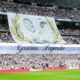 Real Madrid's fans display a banner prior to a Spanish La Liga soccer match against Real Sociedad at Santiago Bernabeu stadium in Madrid, Saturday, May 24, 2025. (AP Photo/Cesar Cebolla)