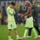 Barcelona's Pedri, left, and Lamine Yamal leave the pitch after the Champions League semifinal second leg soccer match between Inter Milan and Barcelona at San Siro stadium in Milan , Italy, Tuesday, May 6, 2025. (AP Photo/Antonio Calanni)