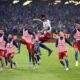 Hamburg's Davie Selke celebrates his goal during a Bundesliga 2 soccer game between Hamburger SV and SSV Ulm 1846 in Hamburg, Germany, Saturday, May 10, 2025. (Christian Charisius/dpa via AP)