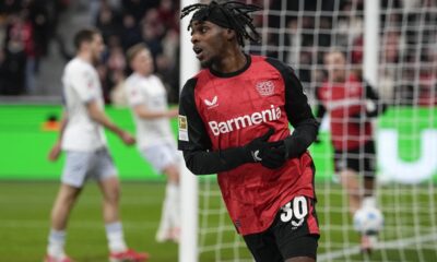 FILE - Leverkusen's Jeremie Frimpong celebrates after he scored his side's second goal during the German Bundesliga soccer match between Bayer Leverkusen and TSG Hoffenheim at the BayArena in Leverkusen, Germany, Sunday, Feb. 2, 2025. (AP Photo/Martin Meissner, File)