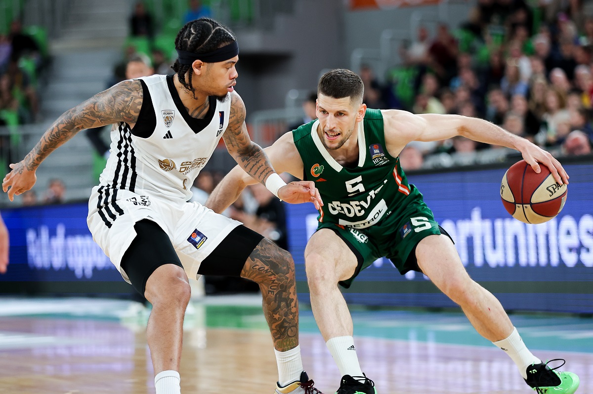 in action during Second match of Quarterfinals of AdmiralBet ABA League 2024/2025 between Cedevita Olimpija Ljubljana (SLO) and Dubai (UAE) in SRC Stozice, Ljubljana, Slovenia on May 16, 2025. Photo: Filip Barbalic