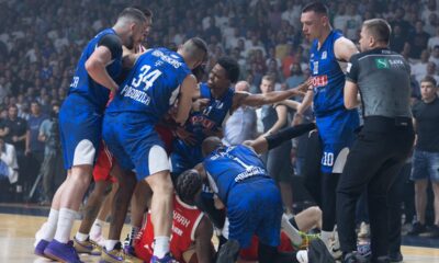 kosarkas Crvene zvezde na utakmici plej ofa Jadranske ABA lige protiv Buducnosti Podgorica u hali Moraca, Podgorica 26.05.2025. godine Foto: MN PRESS Kosarka, Crvena zvezda, Polufinale Plej ofa Jadranska ABA liga, Buducnost Podgorica