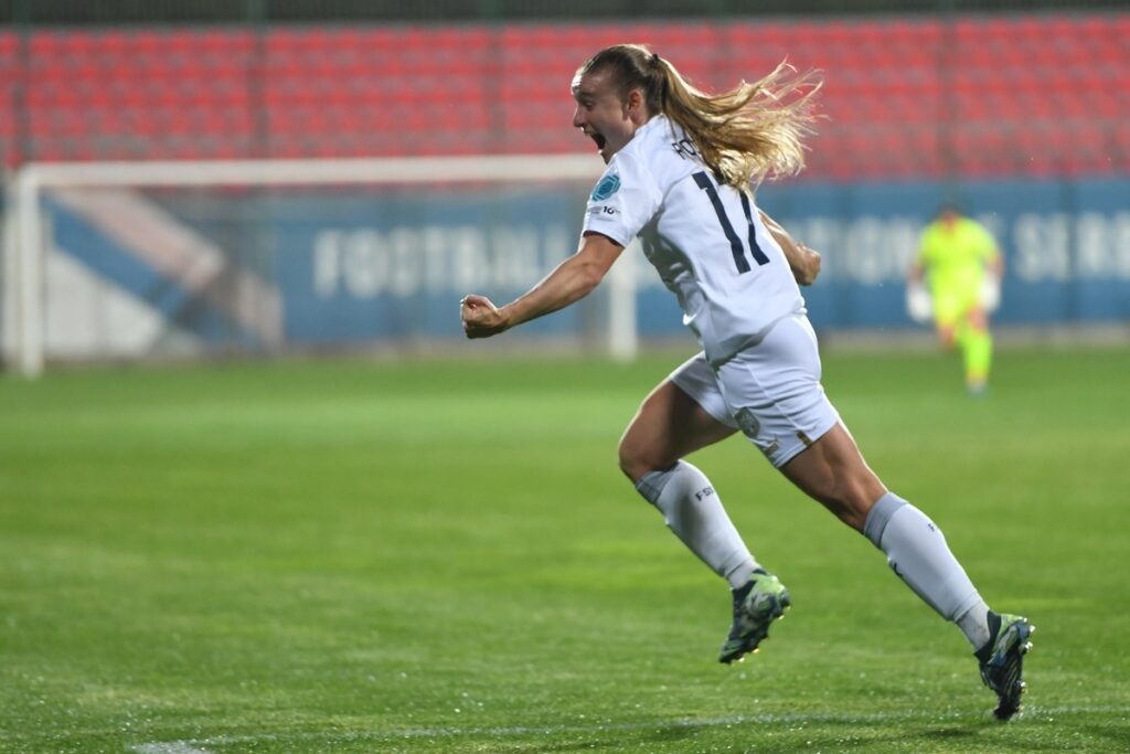 fudbalerka reprezentacije Srbije na utakmici plej ofa za Ligu nacija protiv Madjarske u sportskom centru FSS, Stara Pazova 30.05.2025. godine Foto: Marko Metlas Fudbal, Srbija, Madjarska Liga nacija, Zene